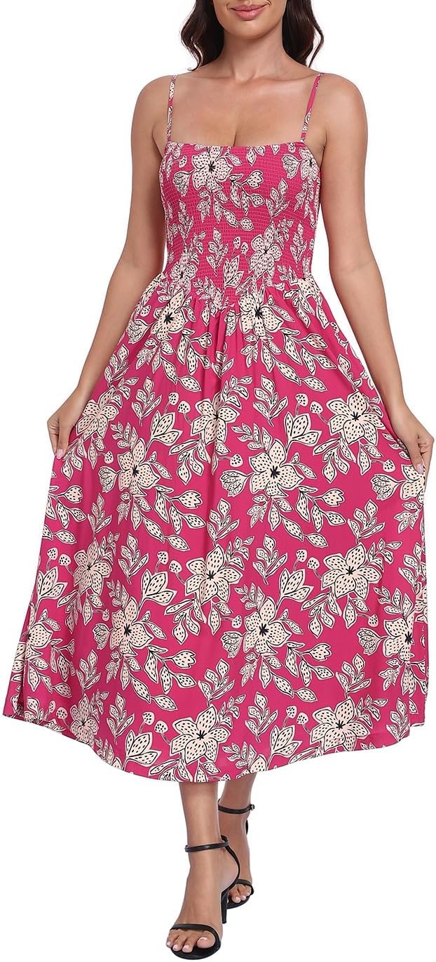 image:imageHDE Womens Smocked Midi Dresses Summer Casual Sundress Spaghetti Strap Flowy Drop Waist Beach Vacation Dress with PocketsBerry Red Tropical Floral