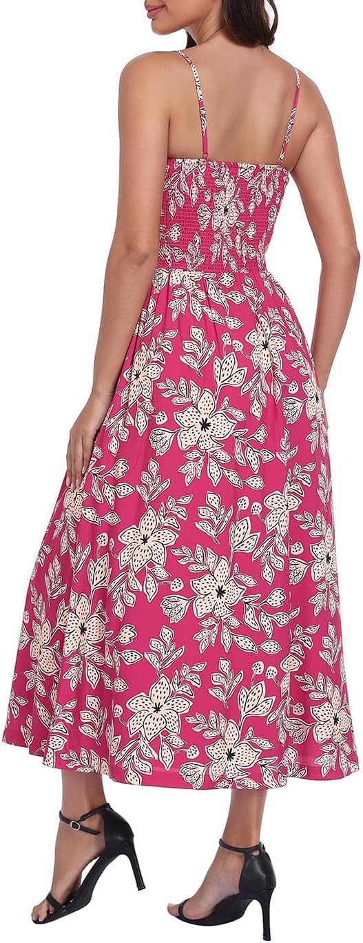 image:imageHDE Womens Smocked Midi Dresses Summer Casual Sundress Spaghetti Strap Flowy Drop Waist Beach Vacation Dress with PocketsBerry Red Tropical Floral