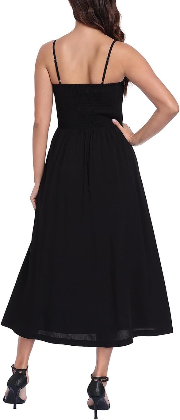 image:imageHDE Womens Smocked Midi Dresses Summer Casual Sundress Spaghetti Strap Flowy Drop Waist Beach Vacation Dress with PocketsBlack