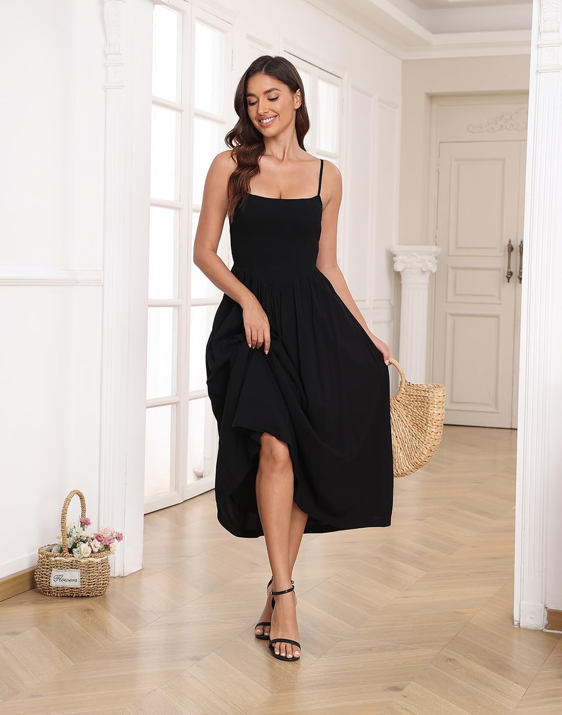 image:imageHDE Womens Smocked Midi Dresses Summer Casual Sundress Spaghetti Strap Flowy Drop Waist Beach Vacation Dress with PocketsBlack