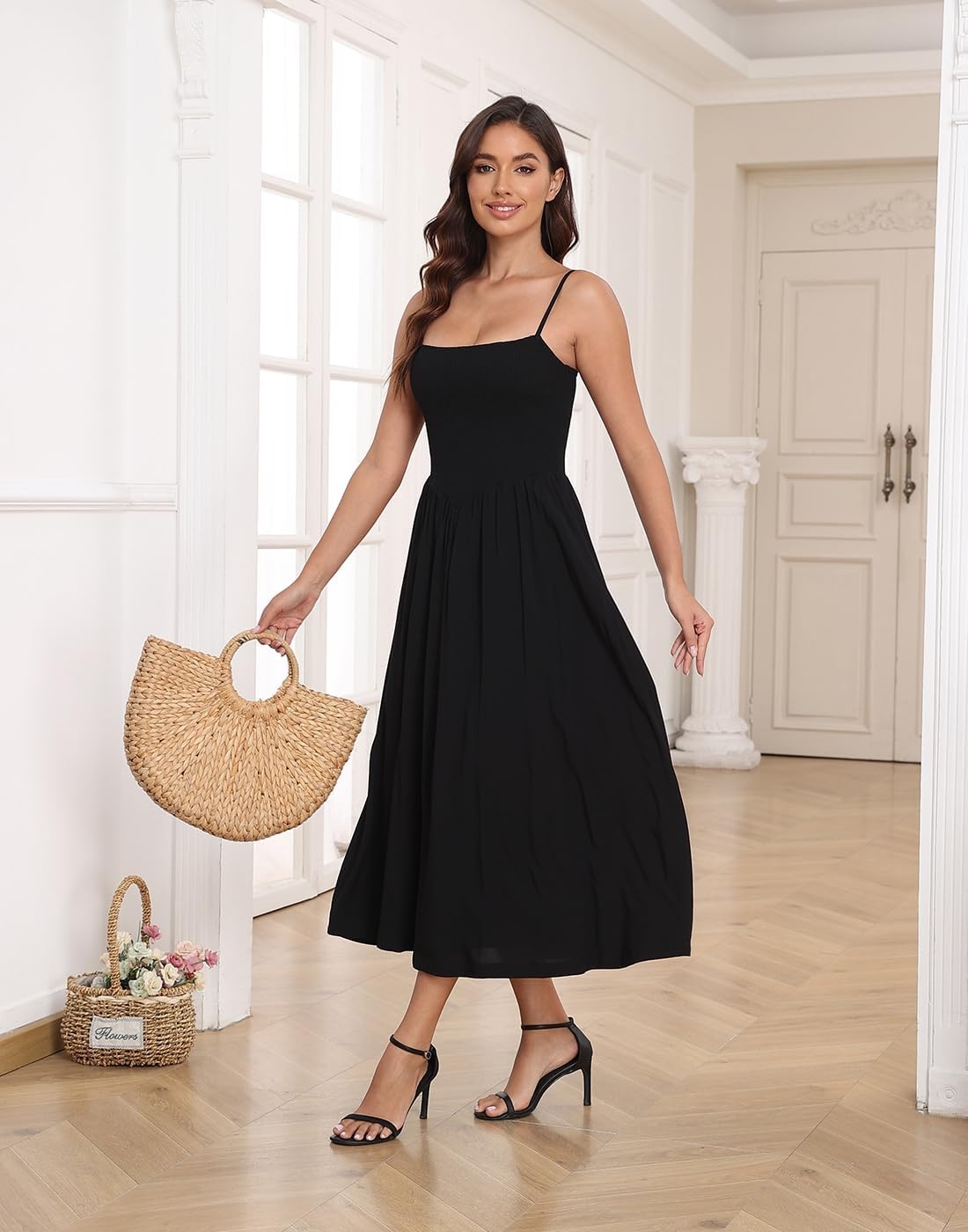 image:imageHDE Womens Smocked Midi Dresses Summer Casual Sundress Spaghetti Strap Flowy Drop Waist Beach Vacation Dress with PocketsBlack