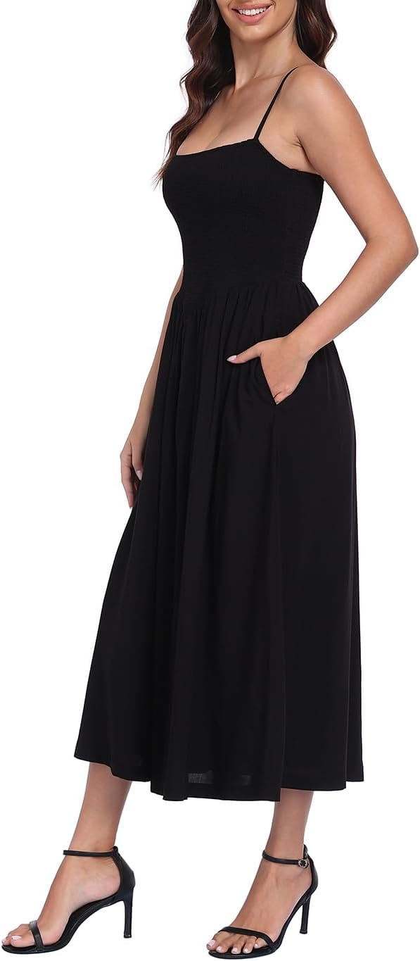 image:imageHDE Womens Smocked Midi Dresses Summer Casual Sundress Spaghetti Strap Flowy Drop Waist Beach Vacation Dress with PocketsBlack