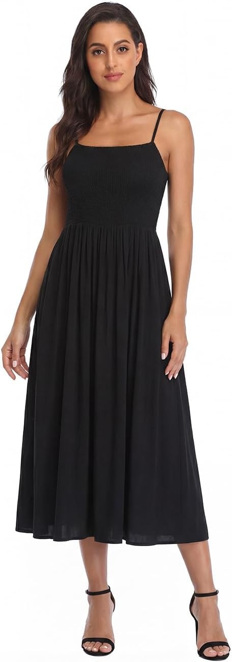 image:imageHDE Womens Smocked Midi Dresses Summer Casual Sundress Spaghetti Strap Flowy Drop Waist Beach Vacation Dress with PocketsBlack