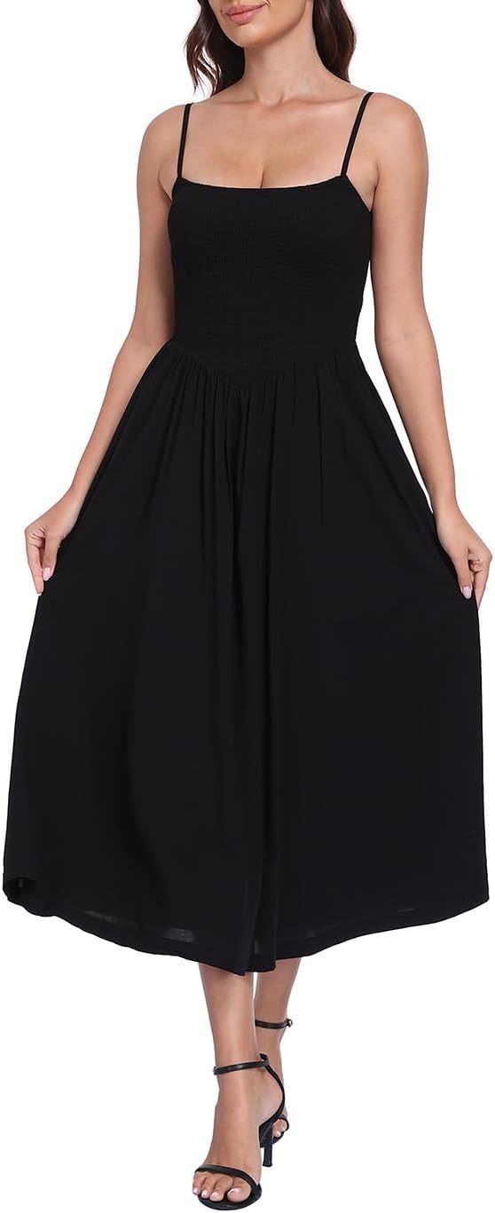 image:imageHDE Womens Smocked Midi Dresses Summer Casual Sundress Spaghetti Strap Flowy Drop Waist Beach Vacation Dress with PocketsBlack