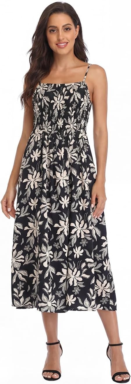 image:imageHDE Womens Smocked Midi Dresses Summer Casual Sundress Spaghetti Strap Flowy Drop Waist Beach Vacation Dress with PocketsBlack Tropical Floral