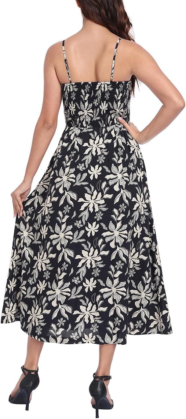 image:imageHDE Womens Smocked Midi Dresses Summer Casual Sundress Spaghetti Strap Flowy Drop Waist Beach Vacation Dress with PocketsBlack Tropical Floral