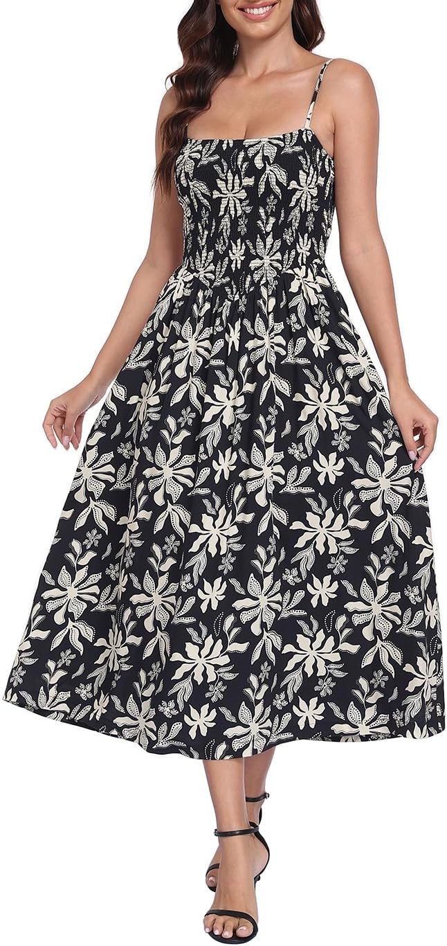 image:imageHDE Womens Smocked Midi Dresses Summer Casual Sundress Spaghetti Strap Flowy Drop Waist Beach Vacation Dress with PocketsBlack Tropical Floral