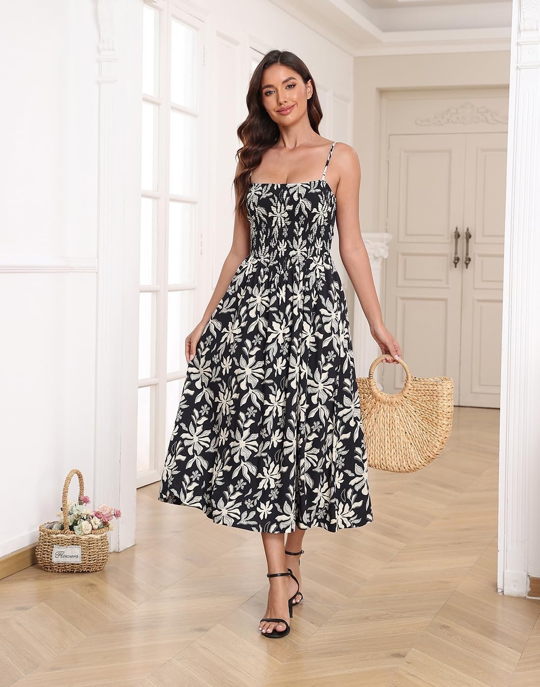 image:imageHDE Womens Smocked Midi Dresses Summer Casual Sundress Spaghetti Strap Flowy Drop Waist Beach Vacation Dress with PocketsBlack Tropical Floral