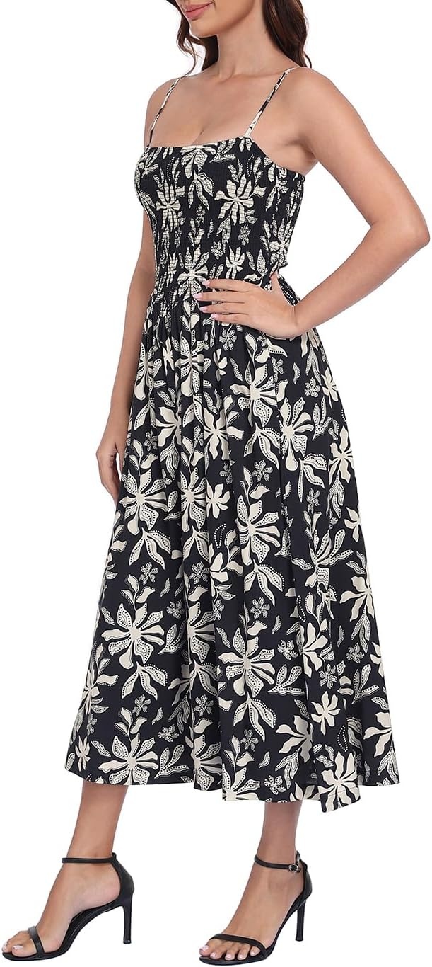 image:imageHDE Womens Smocked Midi Dresses Summer Casual Sundress Spaghetti Strap Flowy Drop Waist Beach Vacation Dress with PocketsBlack Tropical Floral