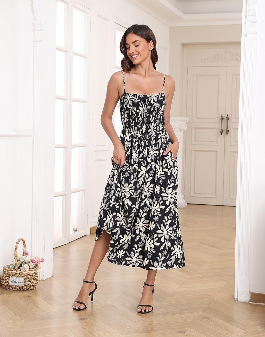 image:imageHDE Womens Smocked Midi Dresses Summer Casual Sundress Spaghetti Strap Flowy Drop Waist Beach Vacation Dress with PocketsBlack Tropical Floral