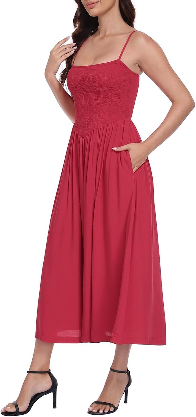 image:imageHDE Womens Smocked Midi Dresses Summer Casual Sundress Spaghetti Strap Flowy Drop Waist Beach Vacation Dress with PocketsRed