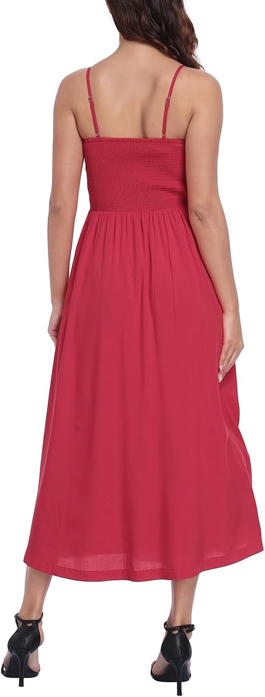 image:imageHDE Womens Smocked Midi Dresses Summer Casual Sundress Spaghetti Strap Flowy Drop Waist Beach Vacation Dress with PocketsRed