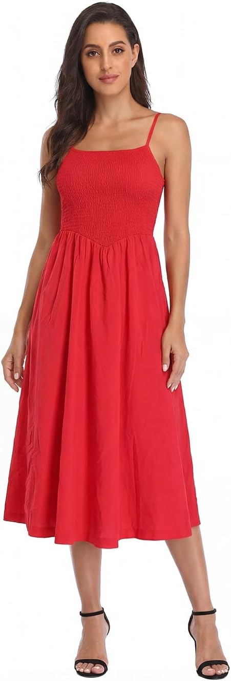 image:imageHDE Womens Smocked Midi Dresses Summer Casual Sundress Spaghetti Strap Flowy Drop Waist Beach Vacation Dress with PocketsRed