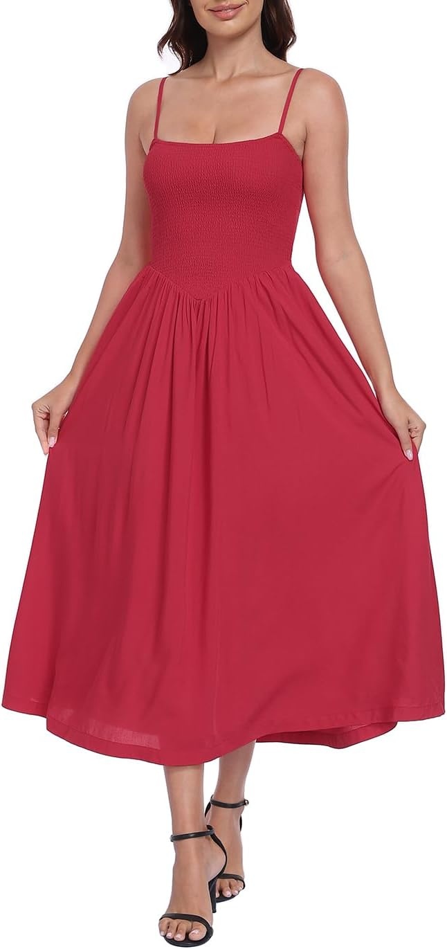 image:imageHDE Womens Smocked Midi Dresses Summer Casual Sundress Spaghetti Strap Flowy Drop Waist Beach Vacation Dress with PocketsRed