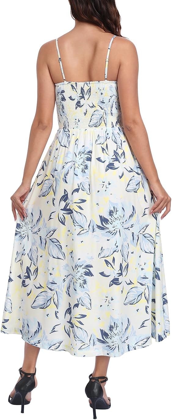 image:imageHDE Womens Smocked Midi Dresses Summer Casual Sundress Spaghetti Strap Flowy Drop Waist Beach Vacation Dress with PocketsWhite Watercolor Blooms