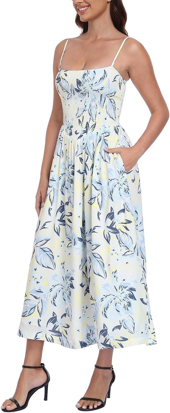 image:imageHDE Womens Smocked Midi Dresses Summer Casual Sundress Spaghetti Strap Flowy Drop Waist Beach Vacation Dress with PocketsWhite Watercolor Blooms