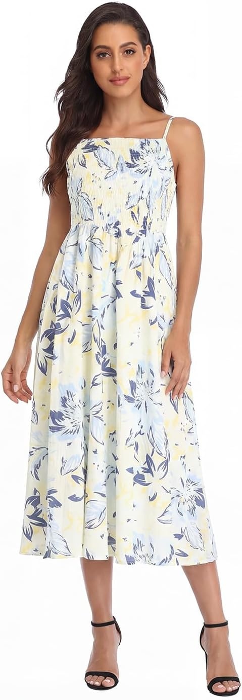 image:imageHDE Womens Smocked Midi Dresses Summer Casual Sundress Spaghetti Strap Flowy Drop Waist Beach Vacation Dress with PocketsWhite Watercolor Blooms