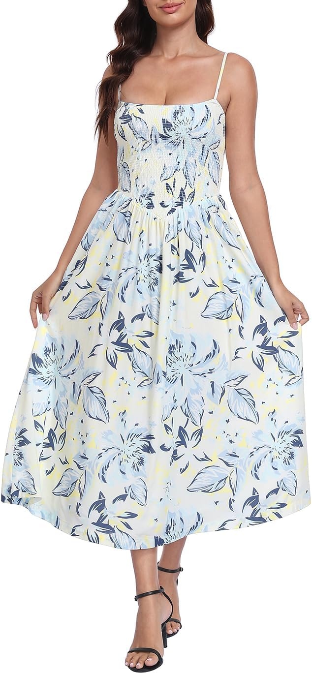 image:imageHDE Womens Smocked Midi Dresses Summer Casual Sundress Spaghetti Strap Flowy Drop Waist Beach Vacation Dress with PocketsWhite Watercolor Blooms