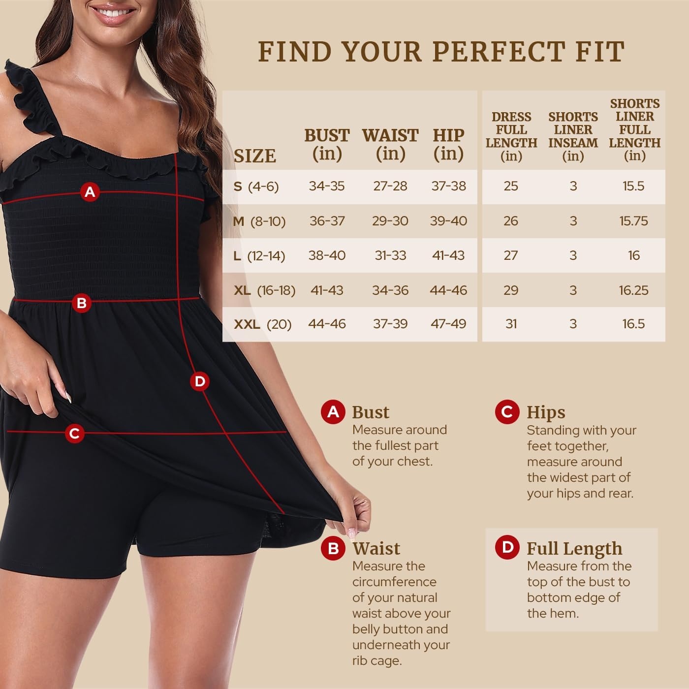 image:imageHDE Womens Smocked Romper Dress with Built in Quick Slip Shorts Ruffle Straps Flowy Skirted Romper Skort Dress with PocketsBlack