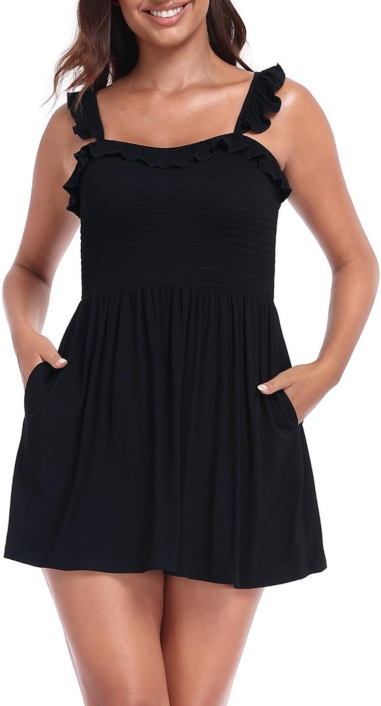 image:imageHDE Womens Smocked Romper Dress with Built in Quick Slip Shorts Ruffle Straps Flowy Skirted Romper Skort Dress with PocketsBlack
