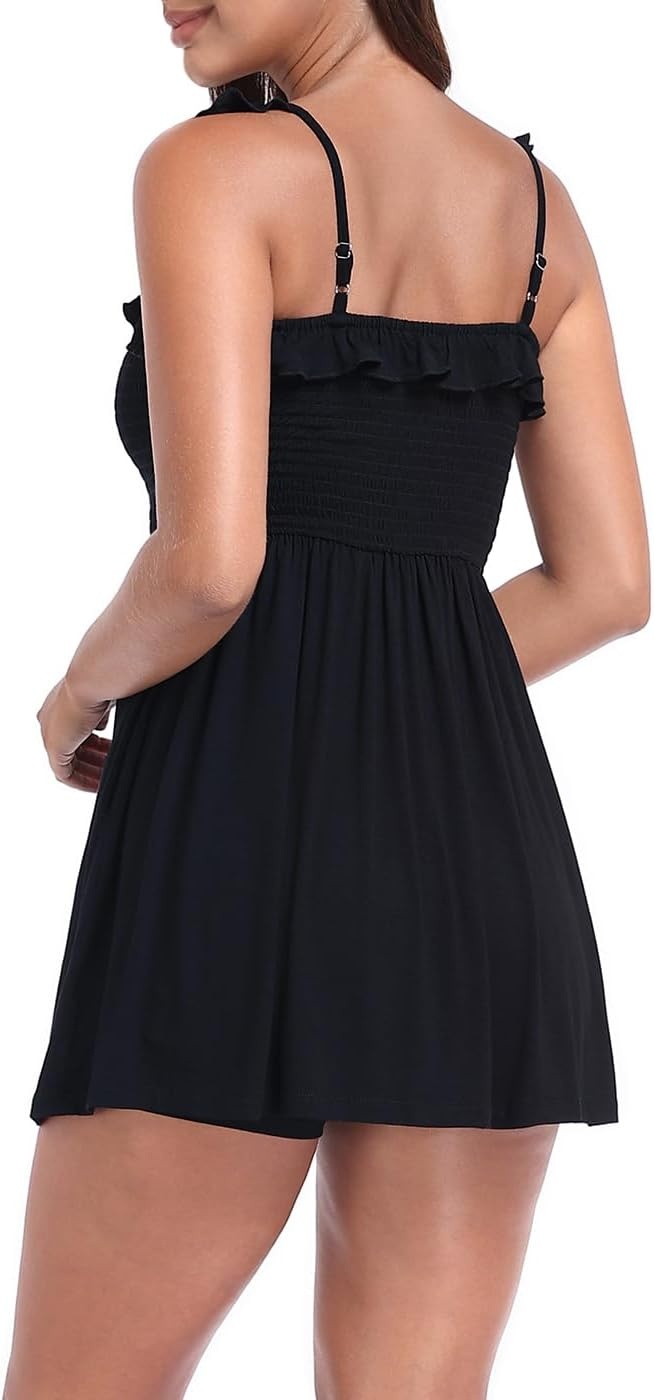 image:imageHDE Womens Smocked Romper Dress with Built in Quick Slip Shorts Ruffle Straps Flowy Skirted Romper Skort Dress with PocketsBlack