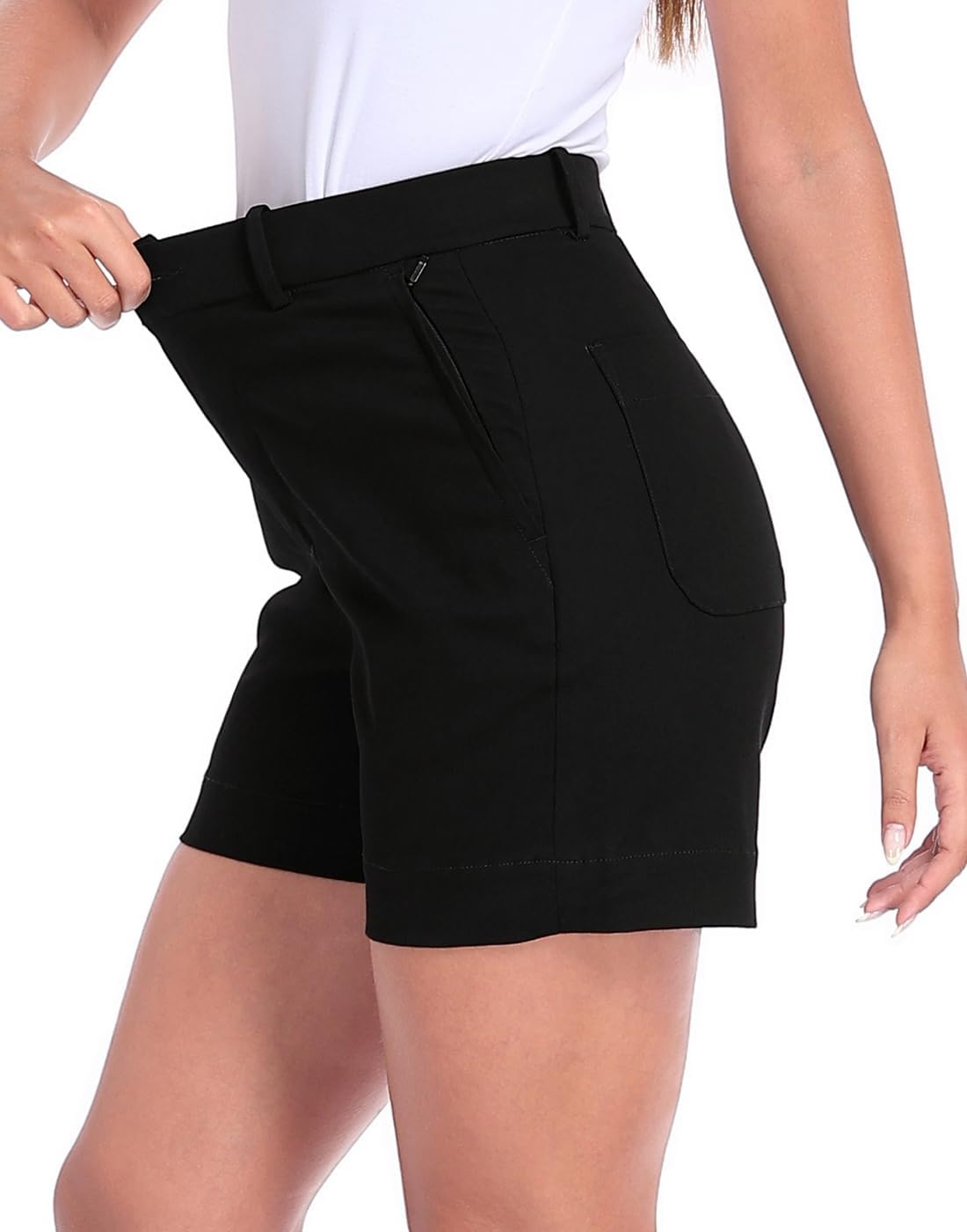 image:imageHDE Womens Stretch Twill Chino Shorts Tailored High Waisted 5 Inseam Summer Dressy Casual Shorts with Zipper PocketsBlack
