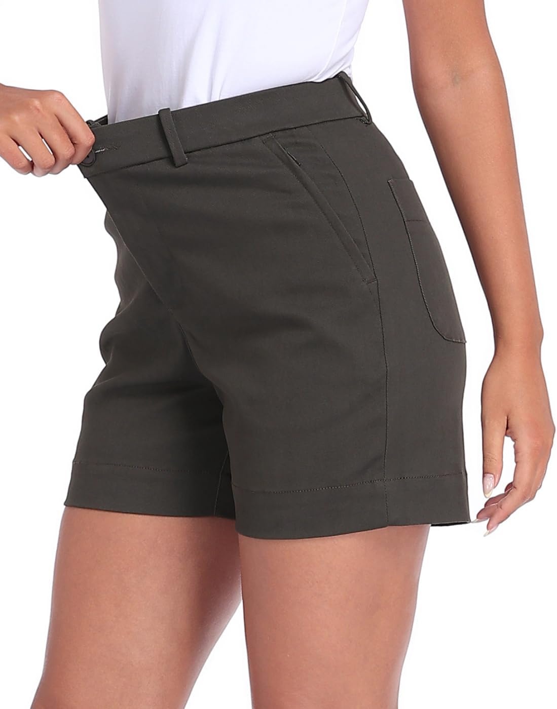 image:imageHDE Womens Stretch Twill Chino Shorts Tailored High Waisted 5 Inseam Summer Dressy Casual Shorts with Zipper PocketsCharcoal Gray