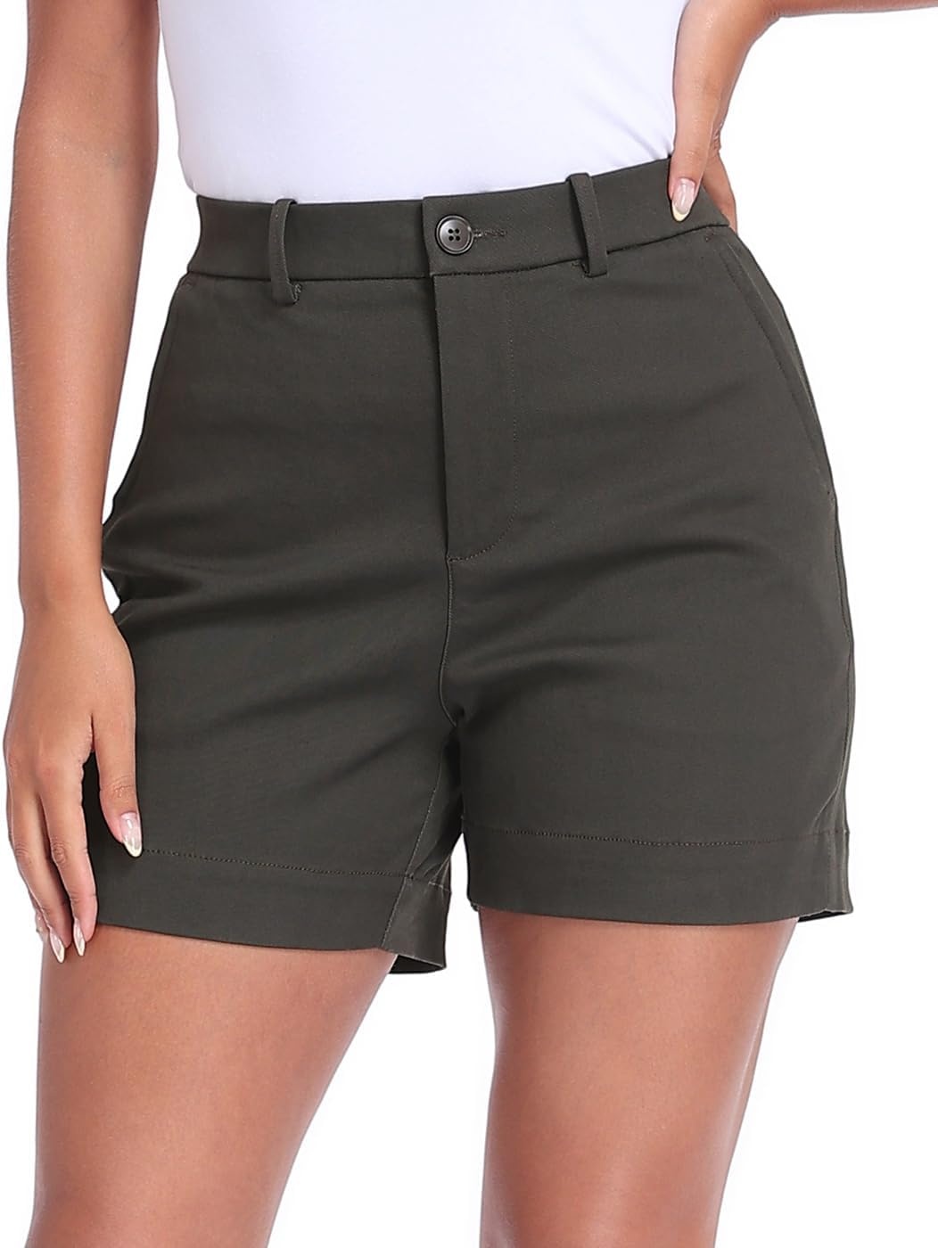 image:imageHDE Womens Stretch Twill Chino Shorts Tailored High Waisted 5 Inseam Summer Dressy Casual Shorts with Zipper PocketsCharcoal Gray