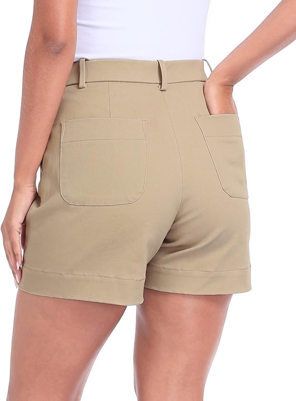image:imageHDE Womens Stretch Twill Chino Shorts Tailored High Waisted 5 Inseam Summer Dressy Casual Shorts with Zipper PocketsKhaki