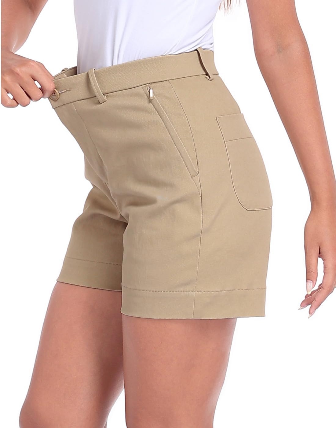 image:imageHDE Womens Stretch Twill Chino Shorts Tailored High Waisted 5 Inseam Summer Dressy Casual Shorts with Zipper PocketsKhaki