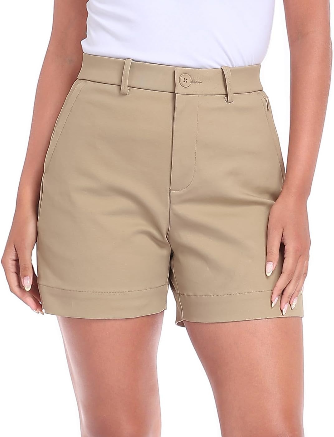 image:imageHDE Womens Stretch Twill Chino Shorts Tailored High Waisted 5 Inseam Summer Dressy Casual Shorts with Zipper PocketsKhaki