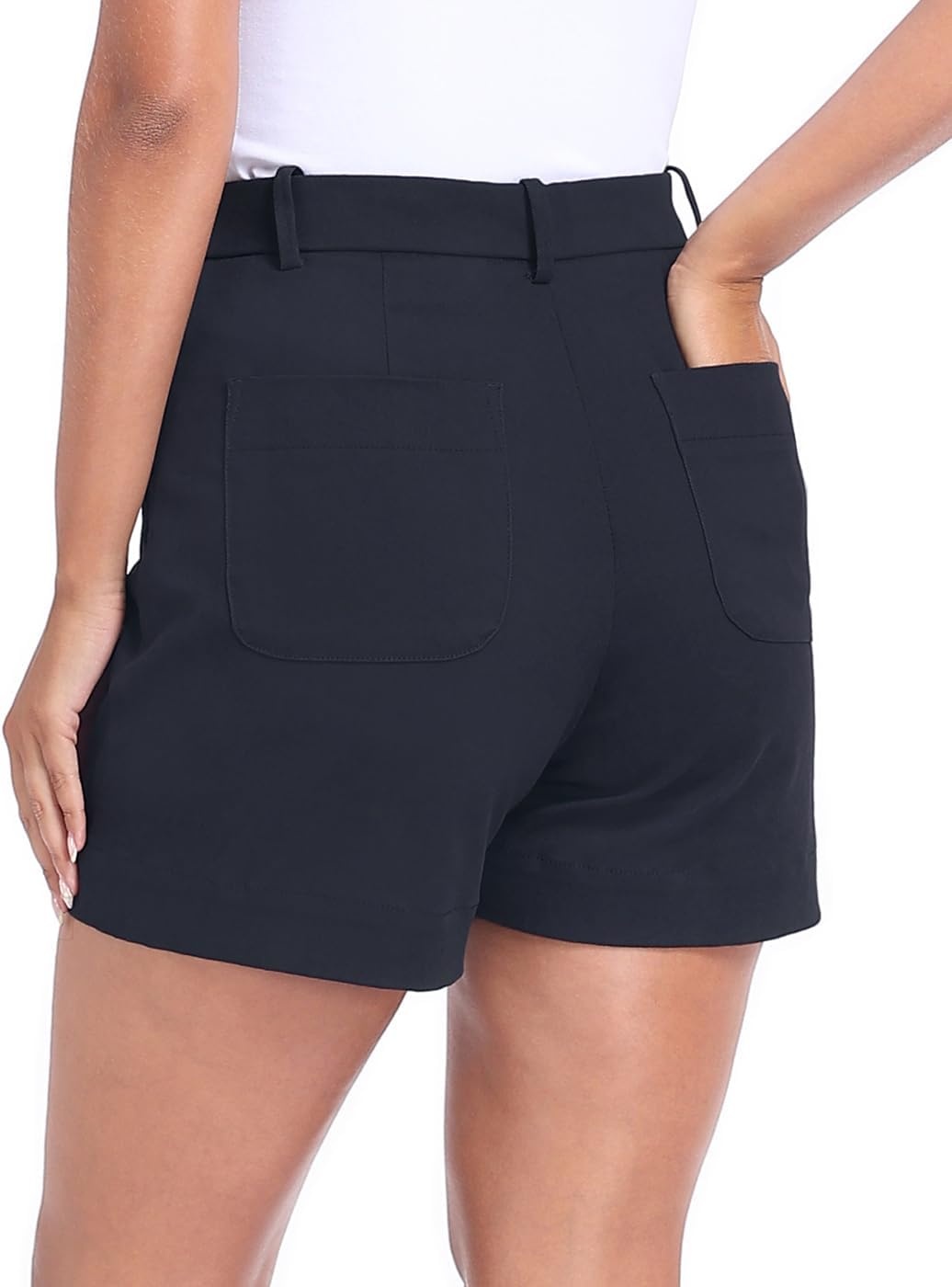 image:imageHDE Womens Stretch Twill Chino Shorts Tailored High Waisted 5 Inseam Summer Dressy Casual Shorts with Zipper PocketsNavy Blue