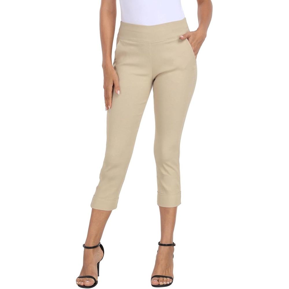 image:imageHDE Pull On Capri Pants for Women 21 Inseam Cropped Office Pants with PocketsKhaki