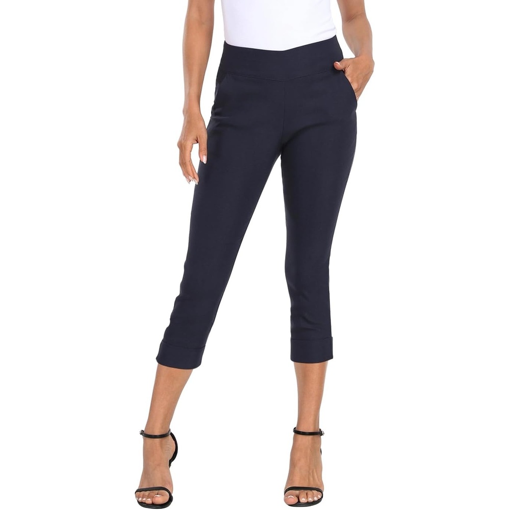 image:imageHDE Pull On Capri Pants for Women 21 Inseam Cropped Office Pants with PocketsNavy Blue