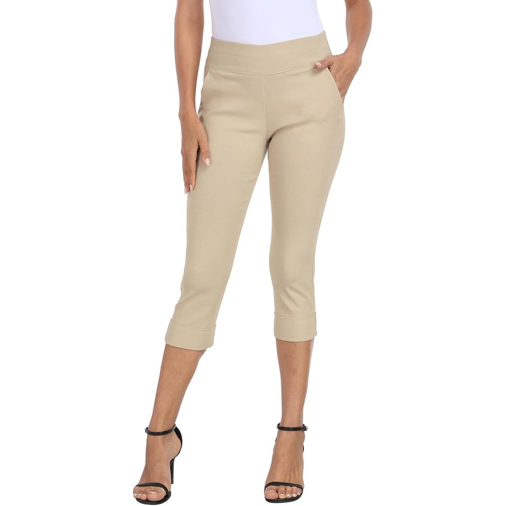 image:imageHDE Pull On Dressy Capri Pants for Women Mid Rise Stretch 19 Inseam Pedal Pushers with Pockets Casual Dressy Office CaprisKhaki