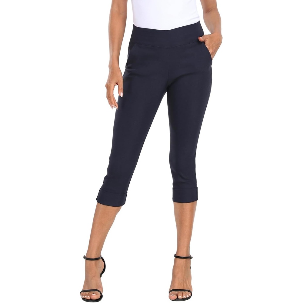 image:imageHDE Pull On Dressy Capri Pants for Women Mid Rise Stretch 19 Inseam Pedal Pushers with Pockets Casual Dressy Office CaprisNavy Blue