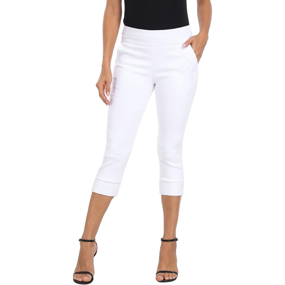 image:imageHDE Pull On Dressy Capri Pants for Women Mid Rise Stretch 19 Inseam Pedal Pushers with Pockets Casual Dressy Office CaprisWhite