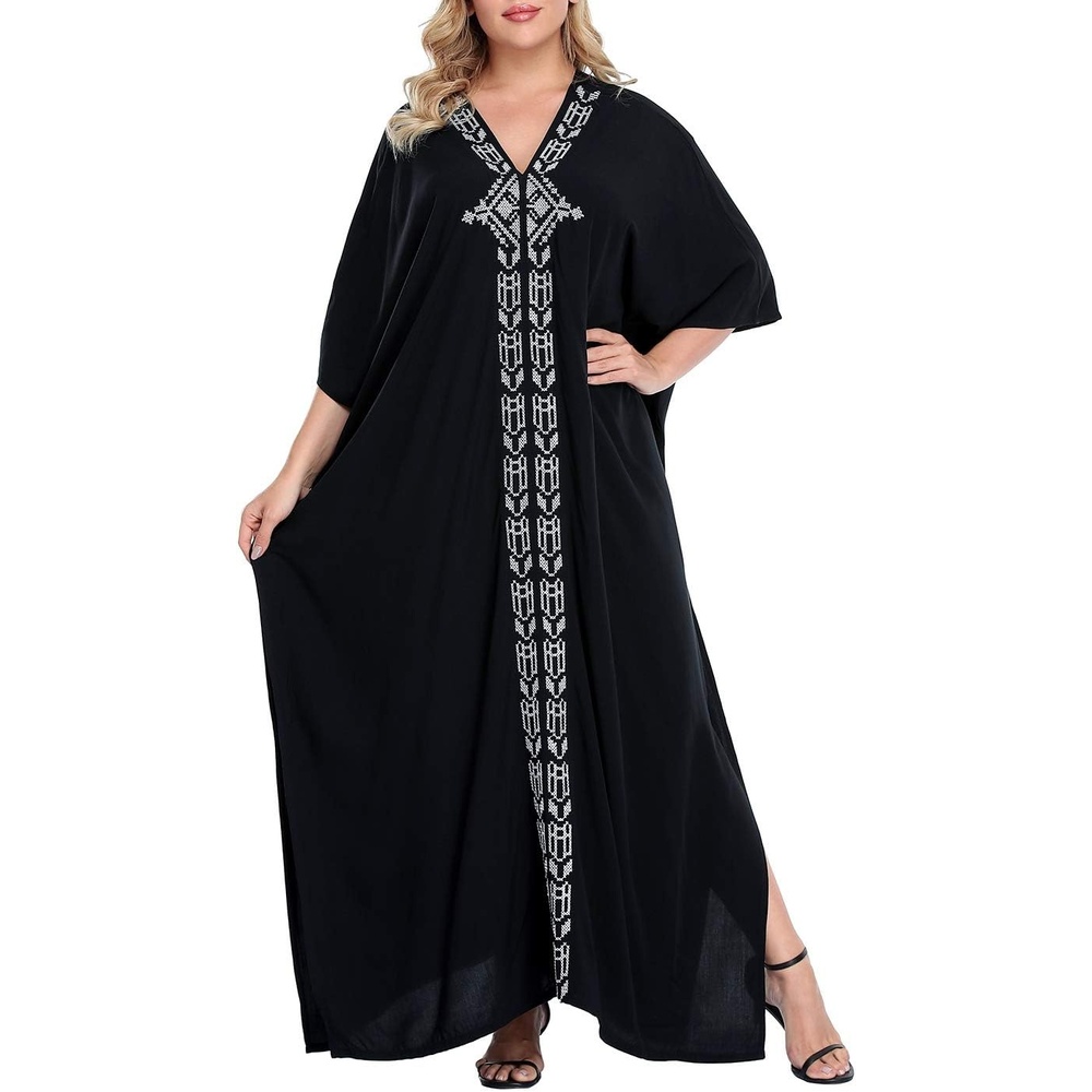 image:imageHDE Women UPF 30 Kaftan Dress Oversize V Neck Long Plus Size Maxi Swim Cover UpBlack