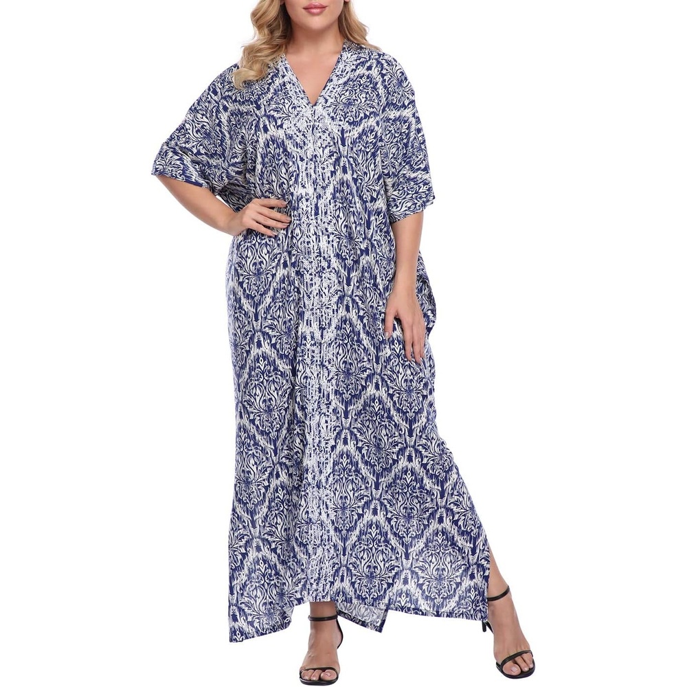 image:imageHDE Women UPF 30 Kaftan Dress Oversize V Neck Long Plus Size Maxi Swim Cover UpNavy Damask