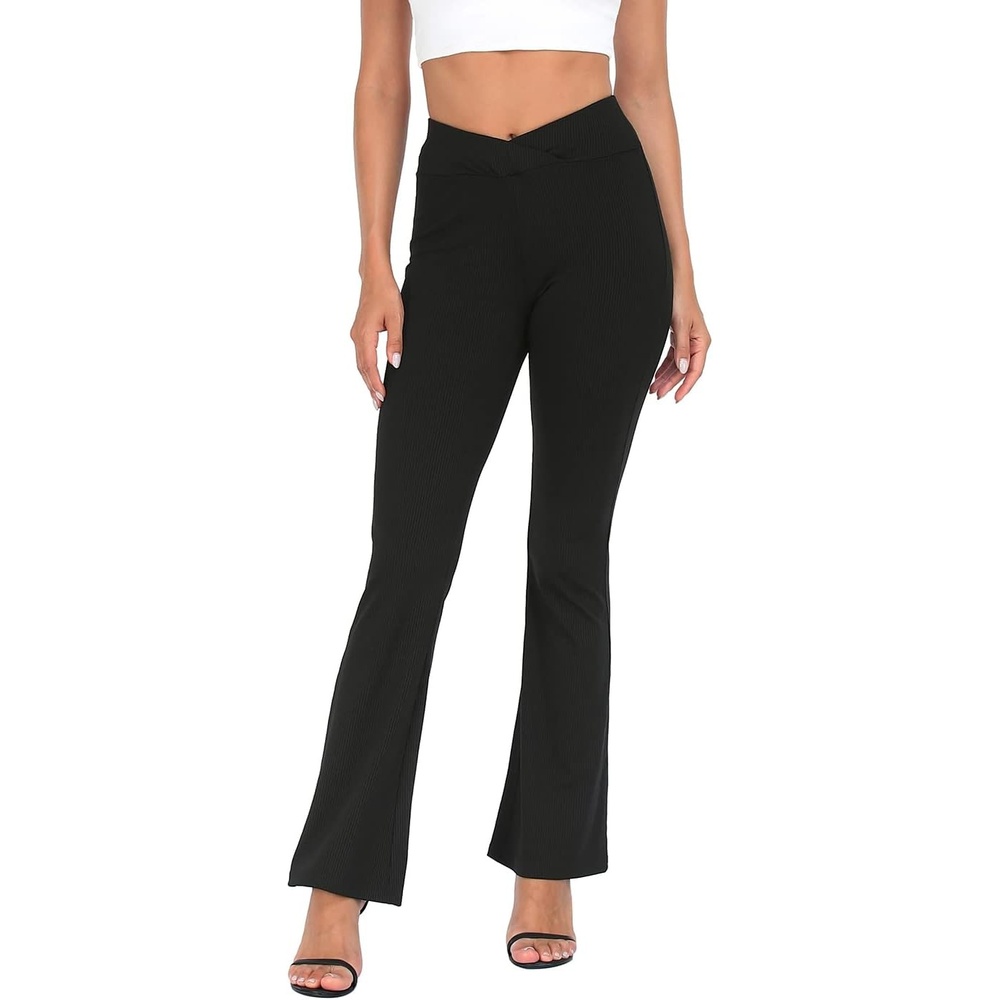 image:imageHDE Womens Casual Crossover Flare Yoga Pants Stretch Tummy Control Ribbed High Waist Leggings Wide Bootcut Bell BottomsBlack