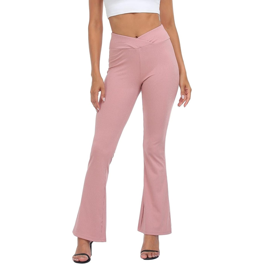 image:imageHDE Womens Casual Crossover Flare Yoga Pants Stretch Tummy Control Ribbed High Waist Leggings Wide Bootcut Bell BottomsPink
