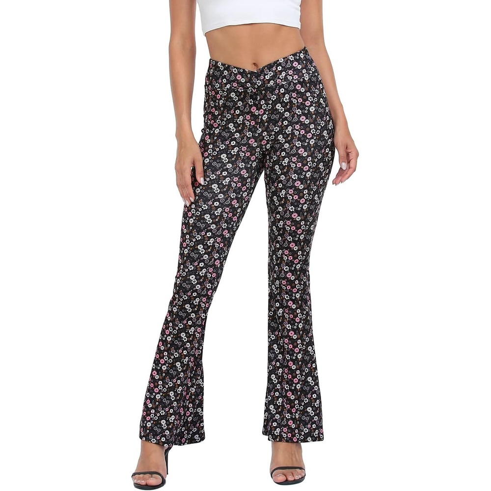 image:imageHDE Womens Casual Crossover Flare Yoga Pants Stretch Tummy Control Ribbed High Waist Leggings Wide Bootcut Bell BottomsPink Retro Floral