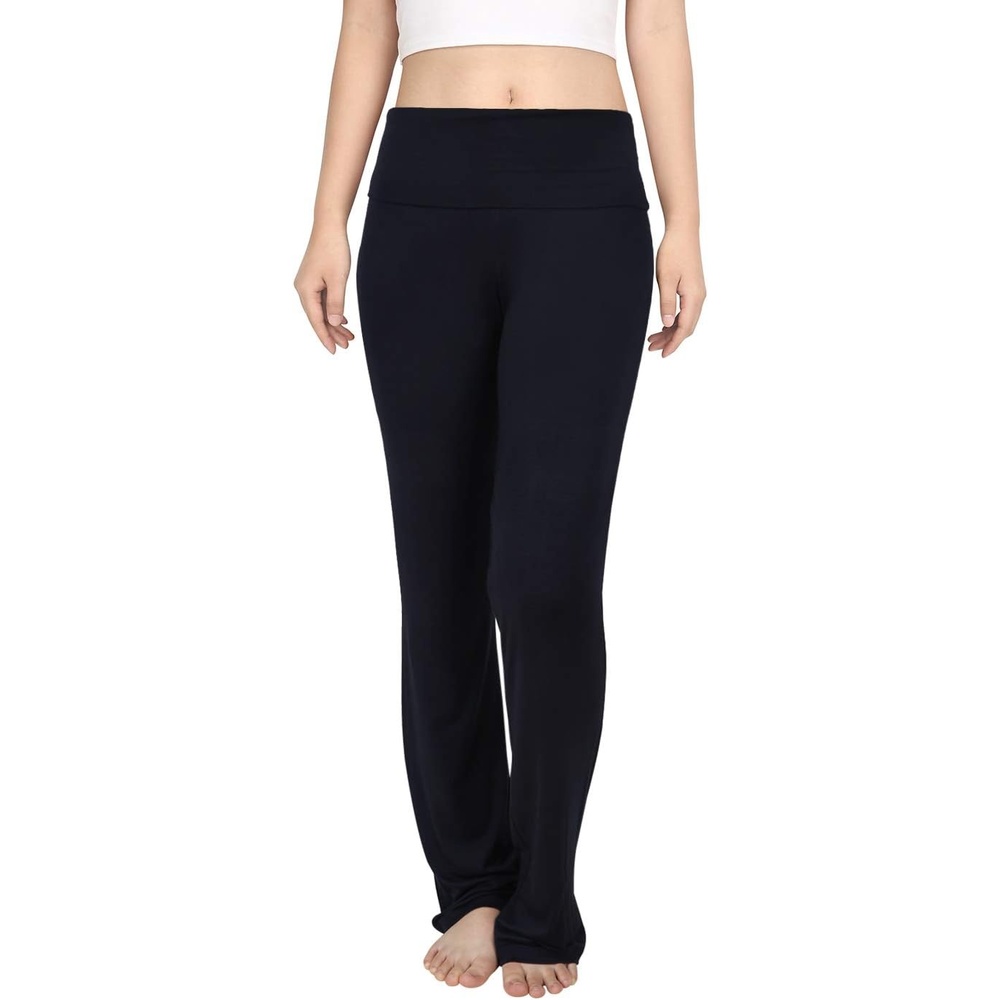 image:imageHDE Womens Color Block Fold Over Waist Yoga Pants Flare Leg Workout LeggingsBlack
