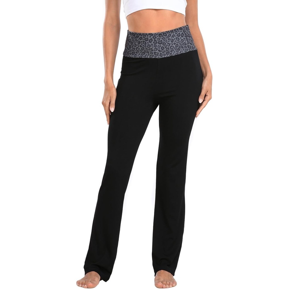 image:imageHDE Womens Color Block Fold Over Waist Yoga Pants Flare Leg Workout LeggingsBlack Leopard Black