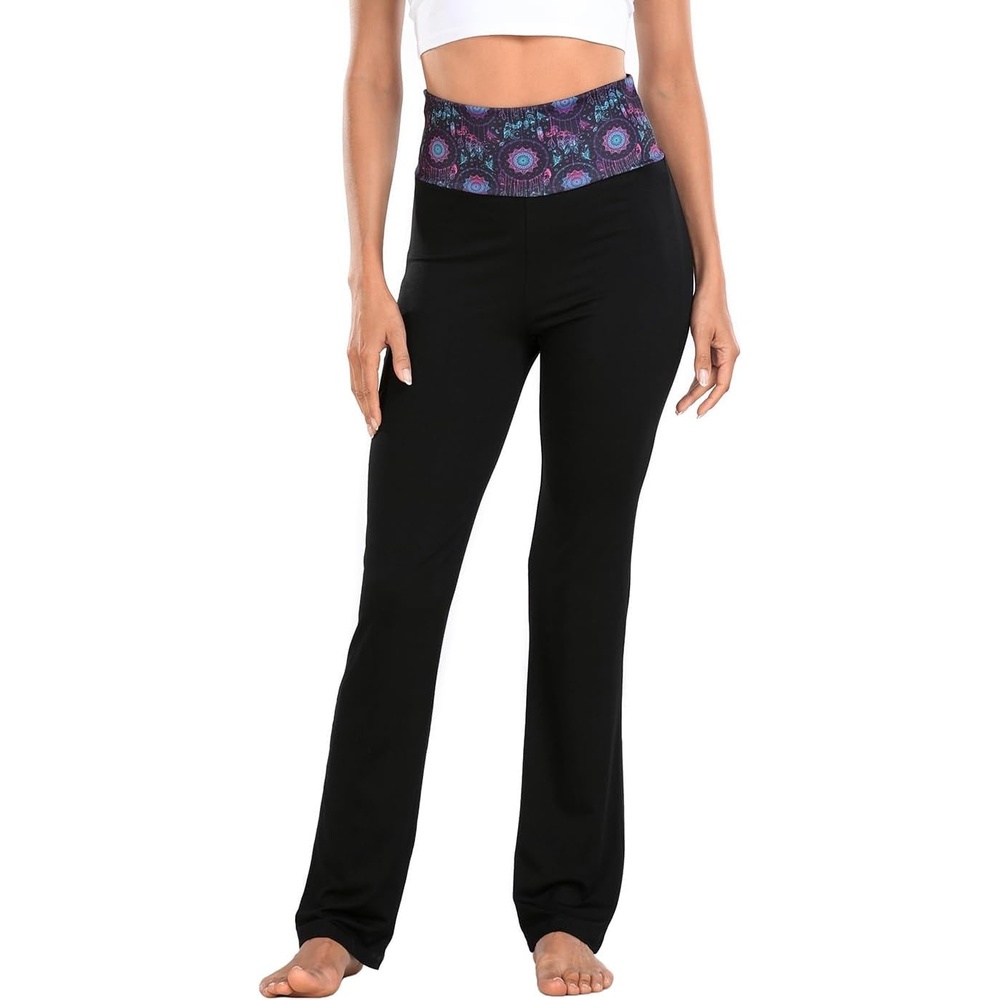 image:imageHDE Womens Color Block Fold Over Waist Yoga Pants Flare Leg Workout LeggingsDreamcatcher Black