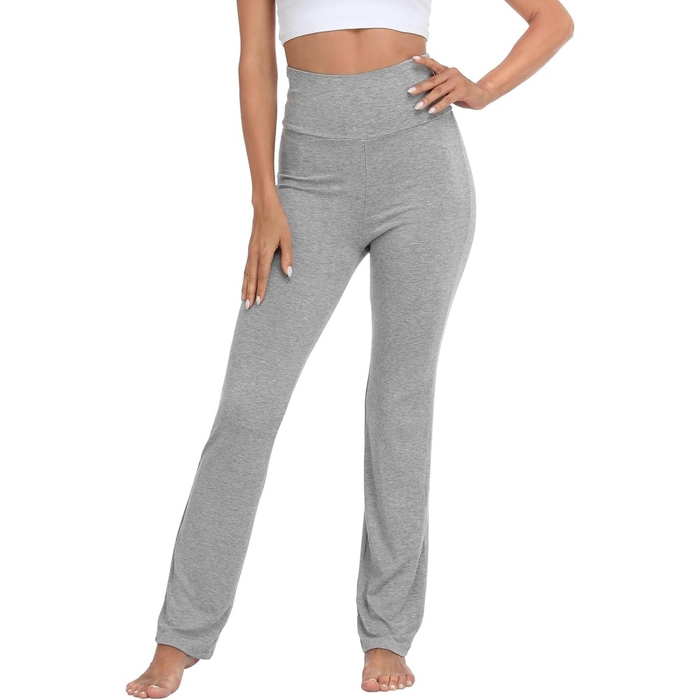 image:imageHDE Womens Color Block Fold Over Waist Yoga Pants Flare Leg Workout LeggingsHeather Gray