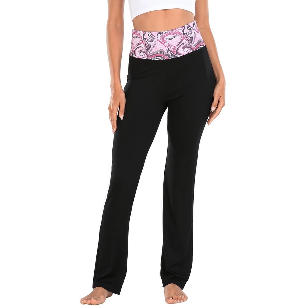 image:imageHDE Womens Color Block Fold Over Waist Yoga Pants Flare Leg Workout LeggingsPink Marble Black