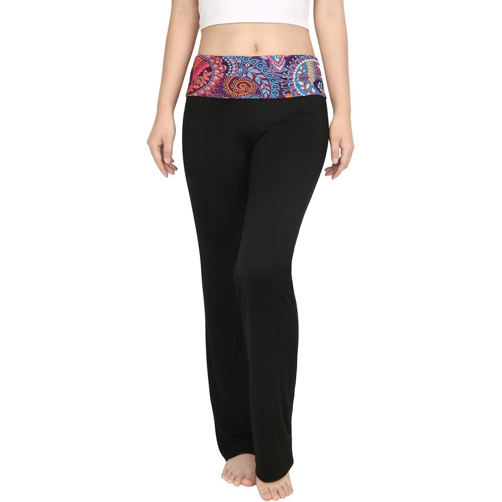 image:imageHDE Womens Color Block Fold Over Waist Yoga Pants Flare Leg Workout LeggingsPurple Paisley