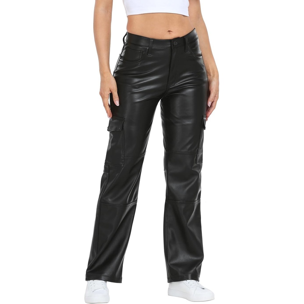 image:imageHDE Womens Faux Leather Cargo Pants with Pockets High Waisted Y2K Relaxed PantBlack