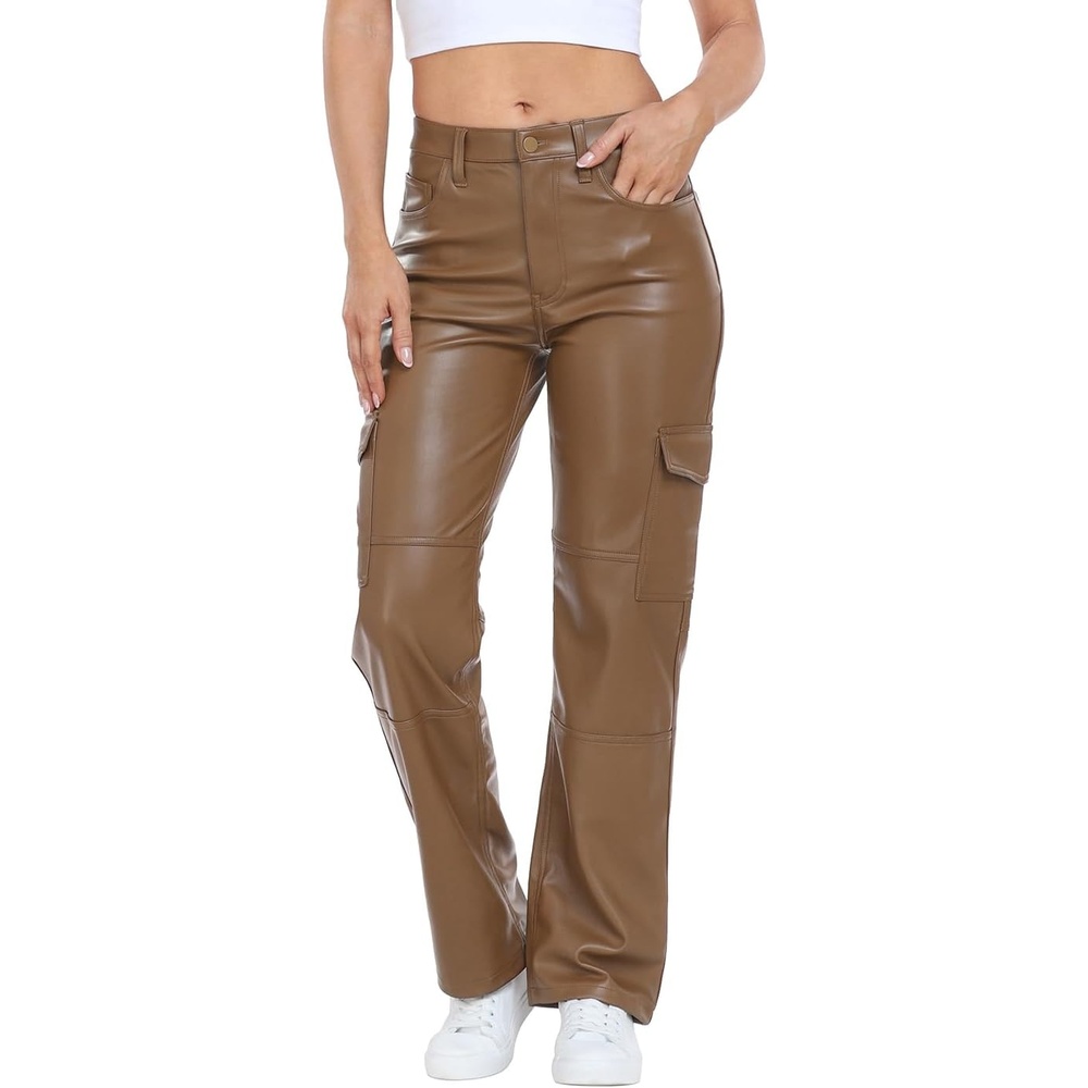 image:imageHDE Womens Faux Leather Cargo Pants with Pockets High Waisted Y2K Relaxed PantBrown